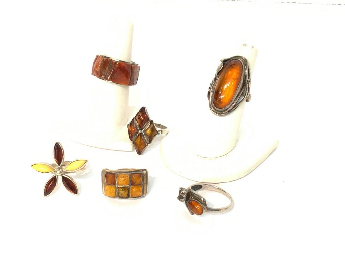 Six (6) Estate Sterling Silver Amber Rings (1 of 3)