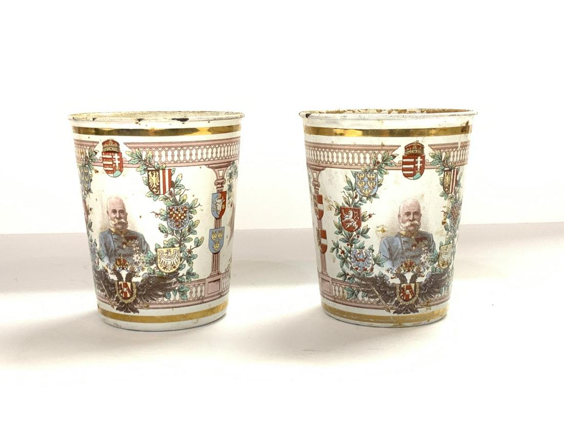 1898 Franz Joseph Enameled Austrian Cups: Two (2) Austrian Franz Joseph 1898 Enameled Cups. Dimensions: 4"h X 3 3/4"d