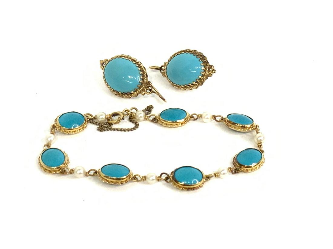 14k y.g. Turquoise/Pearl Bracelet And Earrings Set (1 of 5)