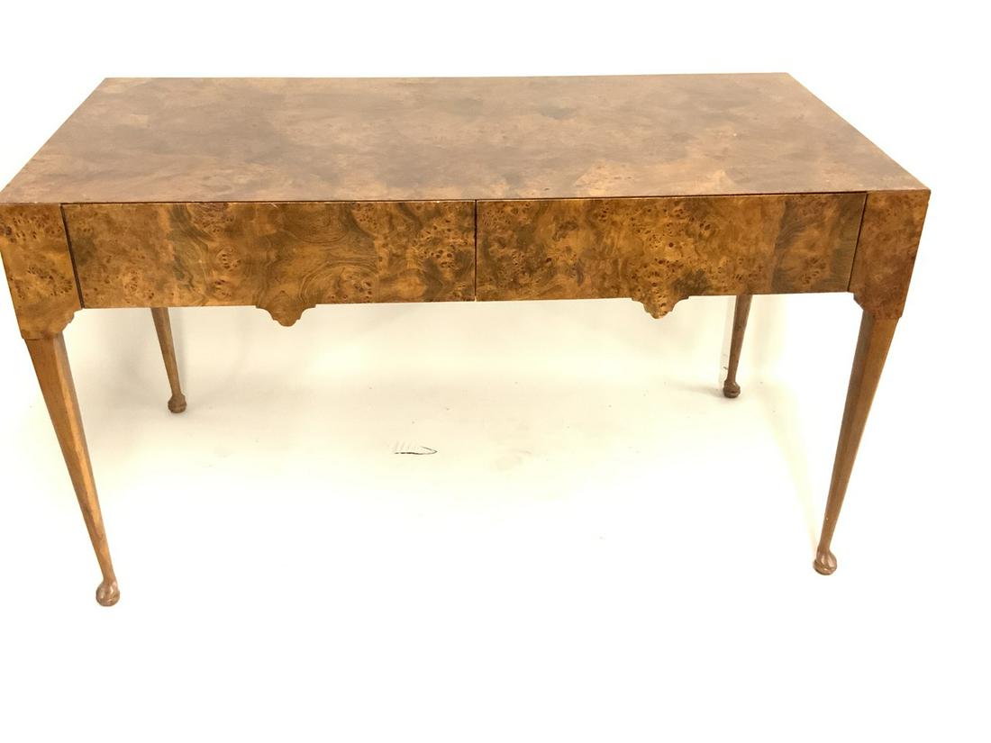 Fine Burlwood Veneered Writing Desk: Tomlinson furniture burlwood veneered two drawer writing desk. Dimensions: 54” x 27” x 30 1/4”