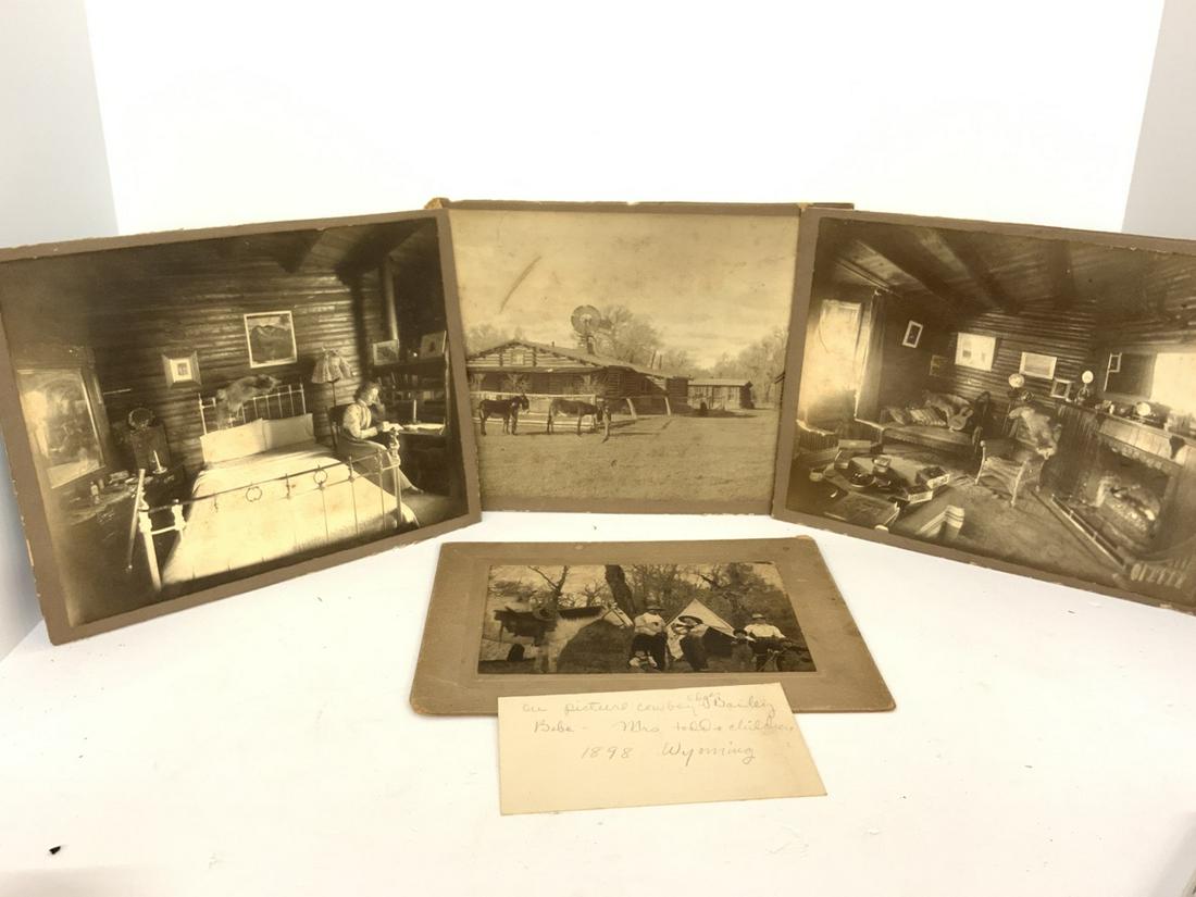 Original Wyoming Pick Ranch Photograph Images 1898: Four original photograph images c.1898 of an Old Western Pick Ranch In Wyoming. The Dunwood Ranch. Includes Exterior and Interior Images and Cowboy Edgar Bailey With Mrs. Todd And Children.