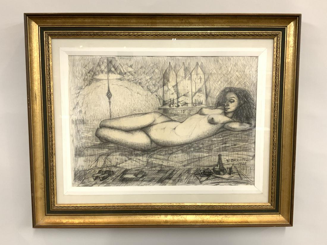 Wladyslaw Brzosko Pen and Ink Nude Drawing c.1958: Artist: Wladyslaw Brzosko (1912-2011) Pen and Ink on paper. Untitled: Reclining nude. Created: 1958 Signed W. Brzosko Dimensions: 15" X 20" (Art only) CONDITION