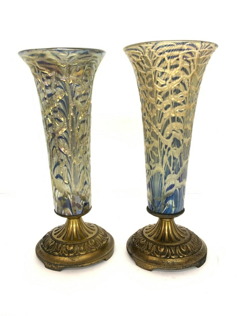A Pair, Iridescent Mounted Art Glass Vases (1 of 6)