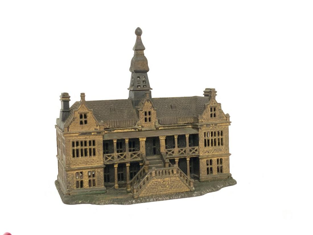 Ive's Palace c.1885 Cast Iron Mansion Still Bank: Original c. 1885 Ive's Palace cast iron still bank. Dimensions: 8 1/2" X 8" X 4 1/2" IB & Co Condition: All original. Small stress crack seen in metal on rooftop. Please see photograph preview or call