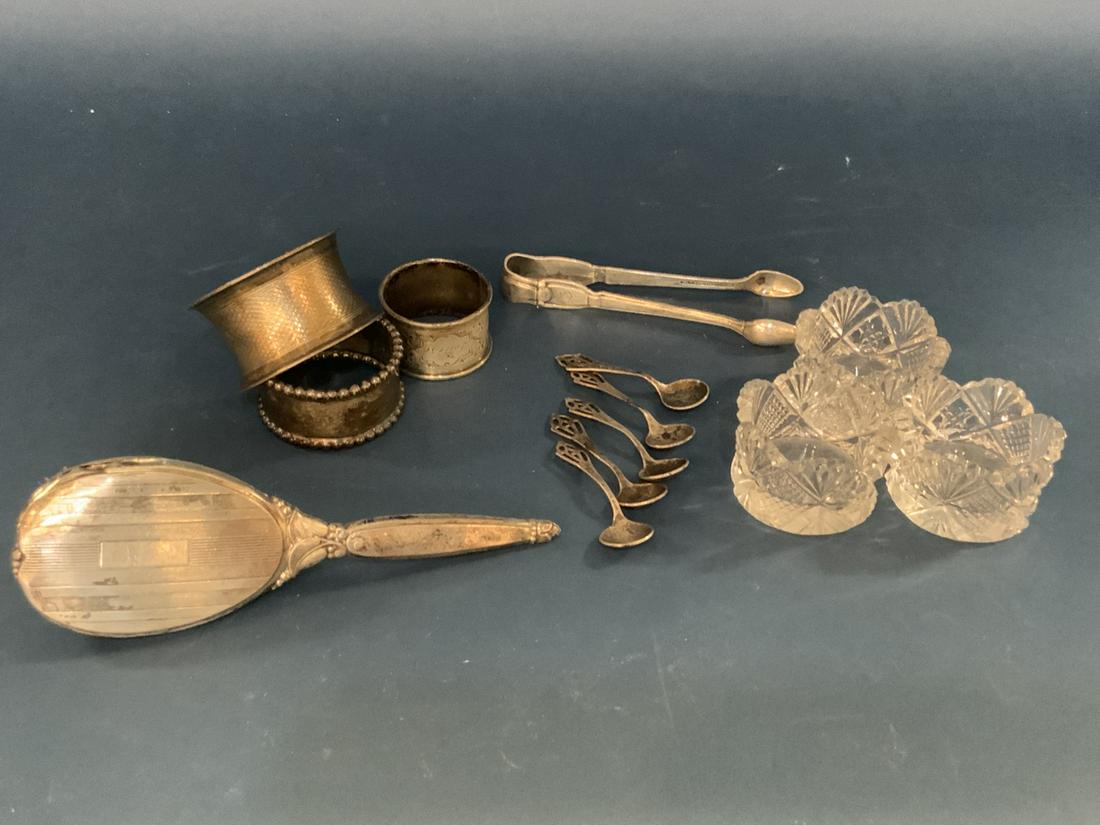 Compiled Sterling Silver Napking Rings, Salts, Brush: Compiled sterling silver salts, Tiffany sugar tongs, child's brush and napking rings. Total weight: 4.559 troy ounces