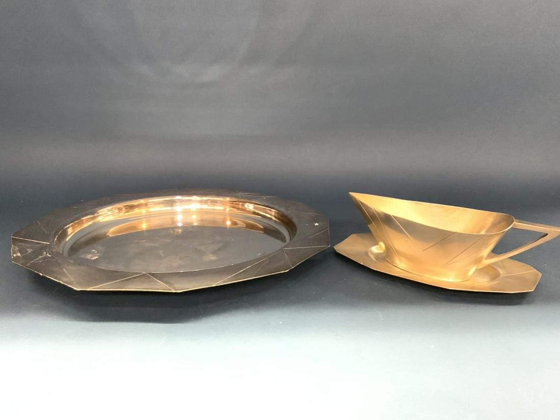 Bernard Rice Sons Modernist Design Silver Plate: Bernard Rice Sons Silver plated tray 14" d and gravy boat with underplate 3" X 9"