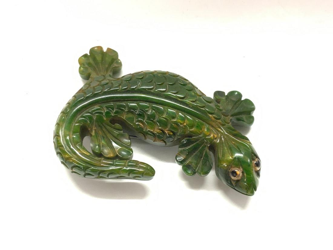 Carved Bakelite Lizard Pin: Carved bakelite Lizard pin. Dimensions: 2 1/4" X 3"