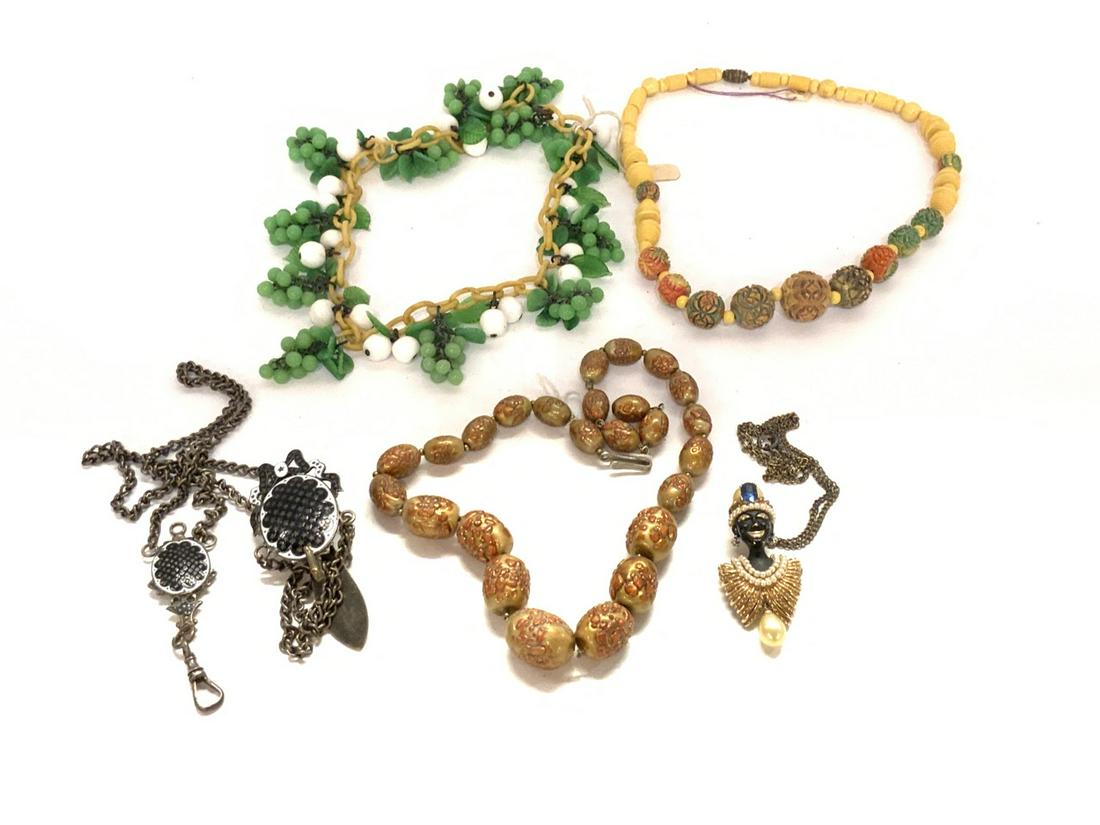 Vintage Estate Costume Jewelry Group Lot: Vintage costume jewelry group. Celluloid choker, early enameled antique watch fob, green glass cluster necklace etc. Provenance: Bergen Cty. Jewelry Collector's Estate.