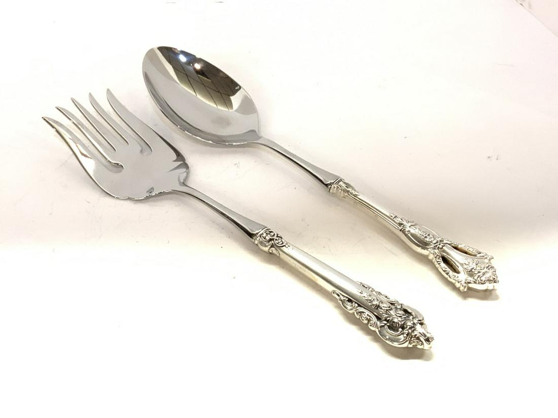 Wallace Sterling Silver Handled Serving Pieces: Two (2) Wallace sterling silver and stainless serving fork and spoon. Two different patters. See imagse. 11" length.