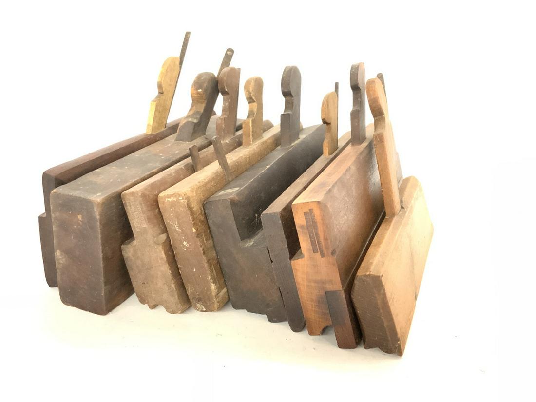 Lot of 8 Antique Wood Planes: Lot of eight (8) antique wood planes. J. Denison Rowell & Gibson Albany Greenfield & Tools J.R. Goggin Hardware J. Kellogg