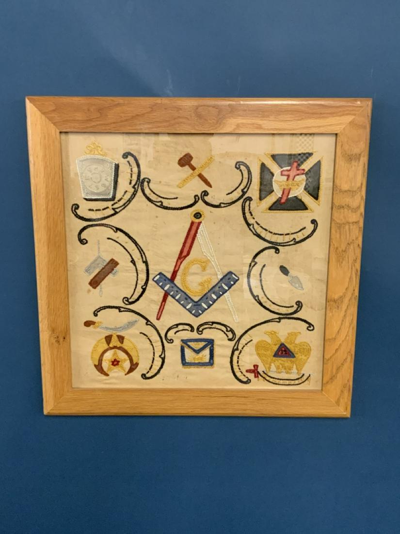 c. 1900 Masonic Crewel Work Fabric Framed: c.1900 Masonic Crewel Work Fabric Framed. Dimensions: 21” x 21”