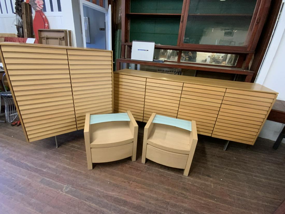 Contemporary Design Bedroom Set: Contemporary design bedroom set. Bureau: 48 1/2” x 40 1/2” x 19” Two Nightstands: 20” x 21” x 16” Long Dresser: 36 3/4” x 80” x 19”