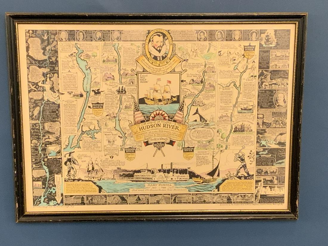 1958 Coulton Waugh Map Of Ye Mighty Hudson River: 1958 Coulton Waugh Map Of Ye Mighty Hudson River. Scarce print released by Historial society in 1958. Housed in original frame. Dimensions: 19" X 27" and 21 1/4" X 29 1/4"
