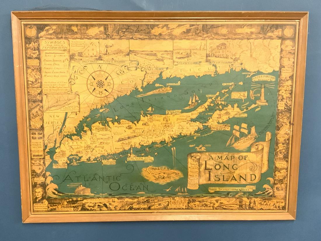 1933 Pictorial Map Of Long Island, NYC & Connecticut: 1933 Map Of Long Island by Cortland Smith from data compiled by Richard Foster. Published by The Billboard Barn South Hampton, LI Printed by George C. Miller Copyright. Dimensions: 28 1/2" X 38 1/2" F