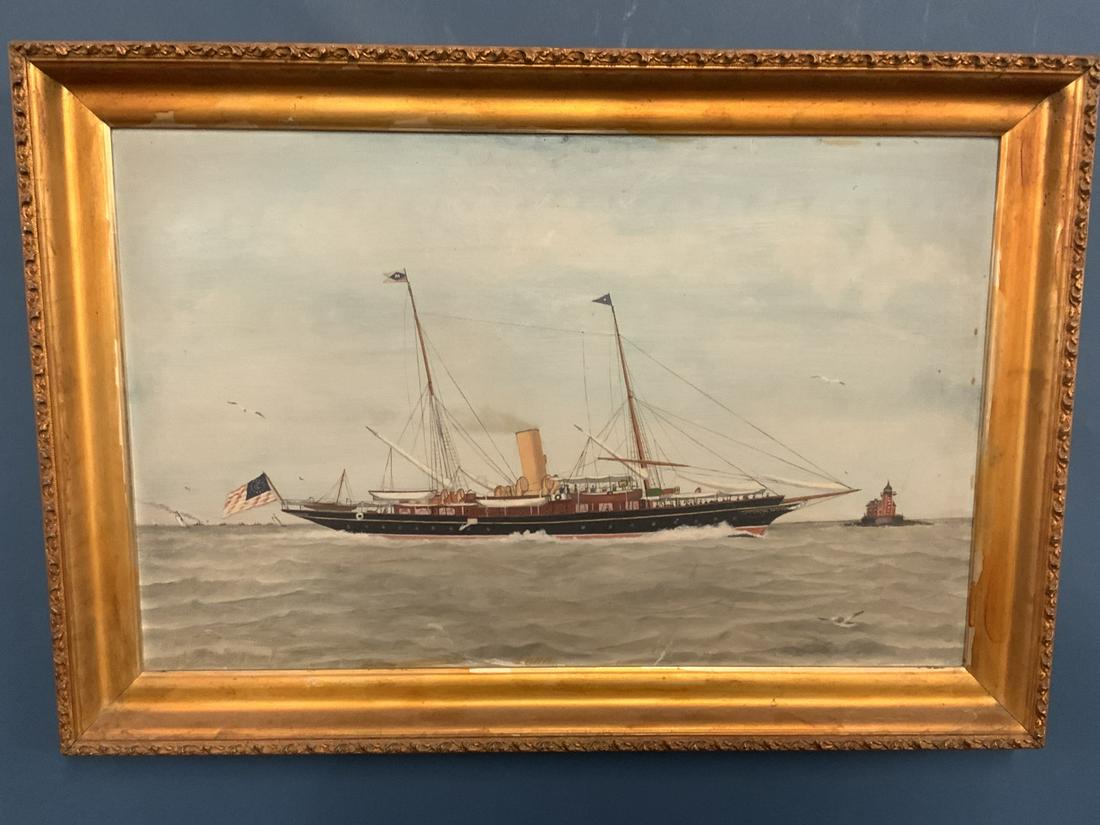 USS Zara Steam Powered WWI U.S. Navy Yacht Painting: American School oil painting (Early 20th c.) Titled: Zara U.S.S. Zara A Steam Powered Yacht In Use For U.S. Navy 1917-18. Built in 1891 in England. Dimensions: 11 1/2" X 18" and 14 3/4" X 21 1/2" fram