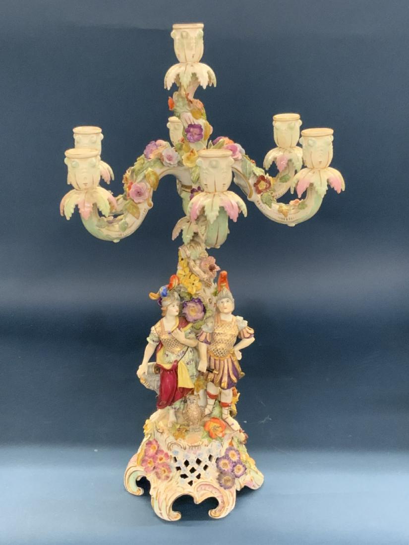 Exceptional 19th c. Dresden Seven Arm Candelabra: Dresden seven arm porcelain candelabra. 19th century. Unusual figural pair with standing owl. A weapon or possible sceptor end is broken off from hand. The piece presents very well and has no cracks o