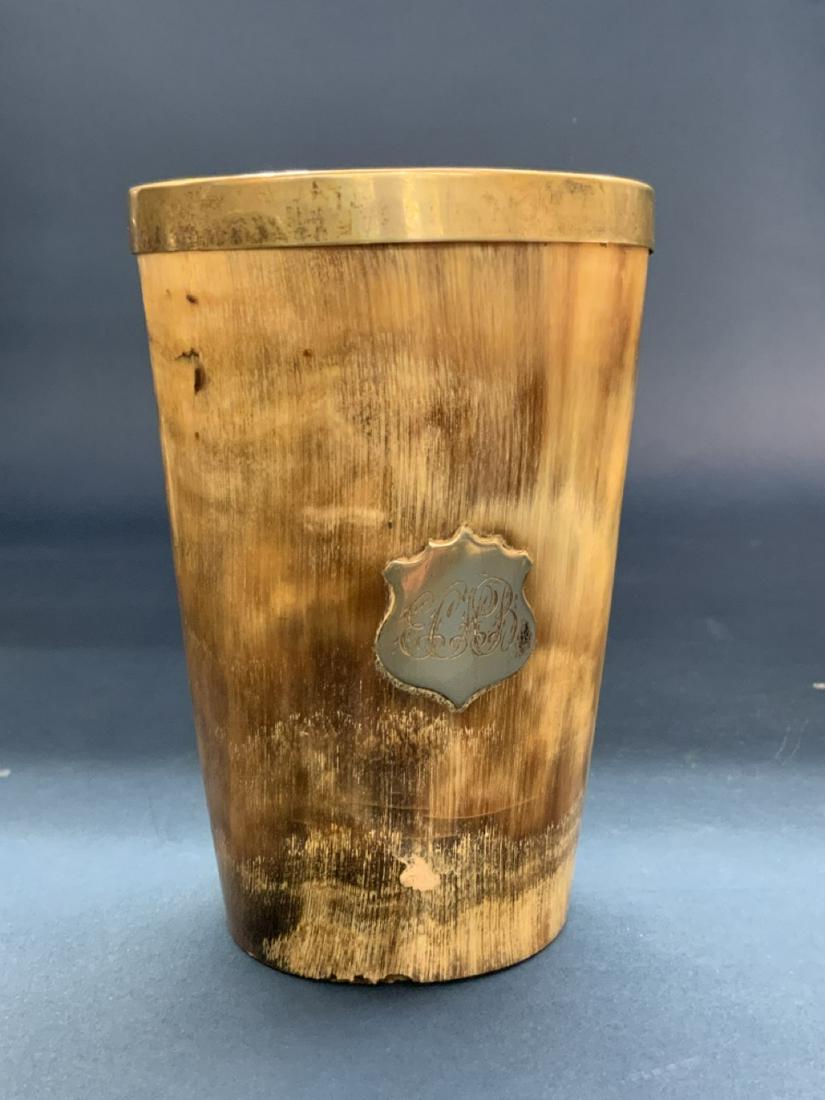 19th c. Horn Beaker Cup: 19th c. Horn beaker with applied silver shield monogram. Dimensions: 4 3/4" X 3 1/4"
