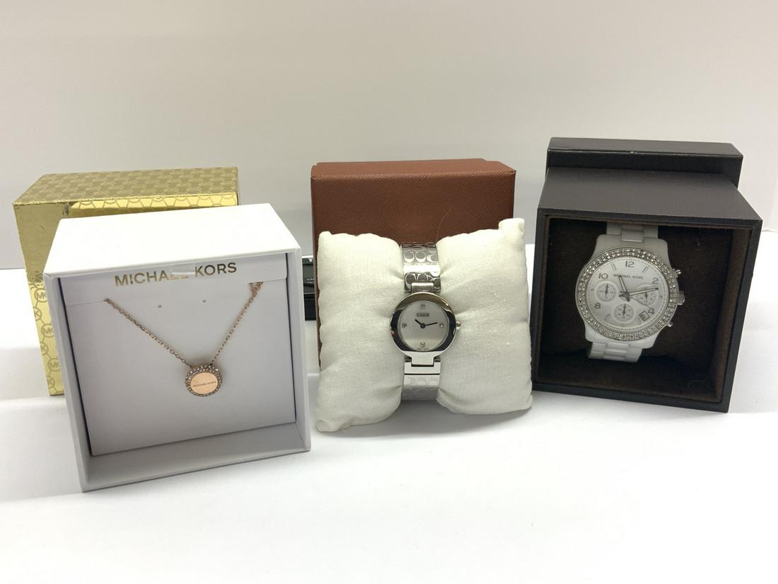 3 Piece Michael Kors Necklace, Watch & Coach Watch: Three (3) Fashion Pieces. Michael Kors Necklace, Watch and Coach Watch.