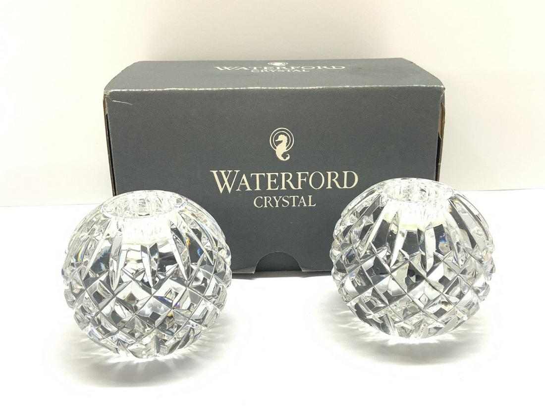 Waterford Crystal Candle Holders: A pair of Waterford crystal tea light candleholders with box.