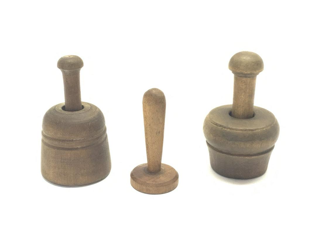 Three (3) Miniature Antique Primitive Butter Stamps: Three (3) Miniature butter stamps. Dimensions: 2 3.5” Tall Small 2.5”
