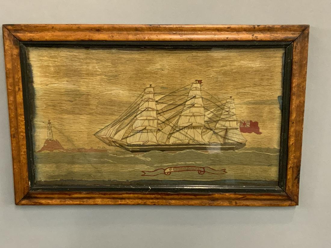 19th c. Home Spun Ship Scene: 19th c. Homepun Nautical Ship Scene. Titled: Ocean Wave. Housed in a birdseye maple frame. Dimensions: 16 3/4" X 26 1/4"