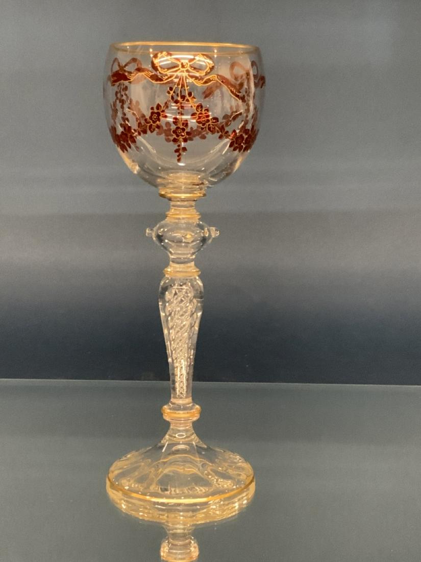 Air Twist Cranberry Glass Goblet: Air twist glass stem with enamel pain. Dimensions: 7 3/4" X 2 1/4"