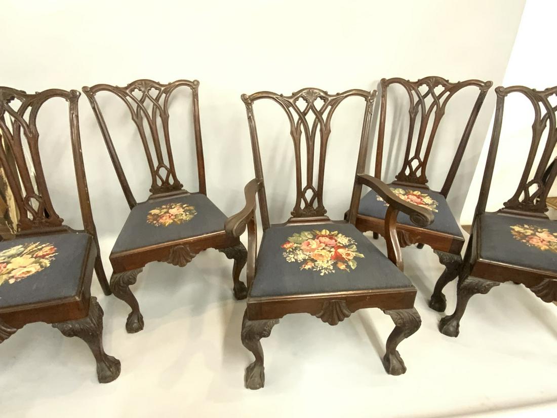 Chippendal Mahogany Style Chairs: Five (5) Mahogany Chippendale Style Chairs With Needlepoint Seats. Dimensions: 40" X 23" X 19"