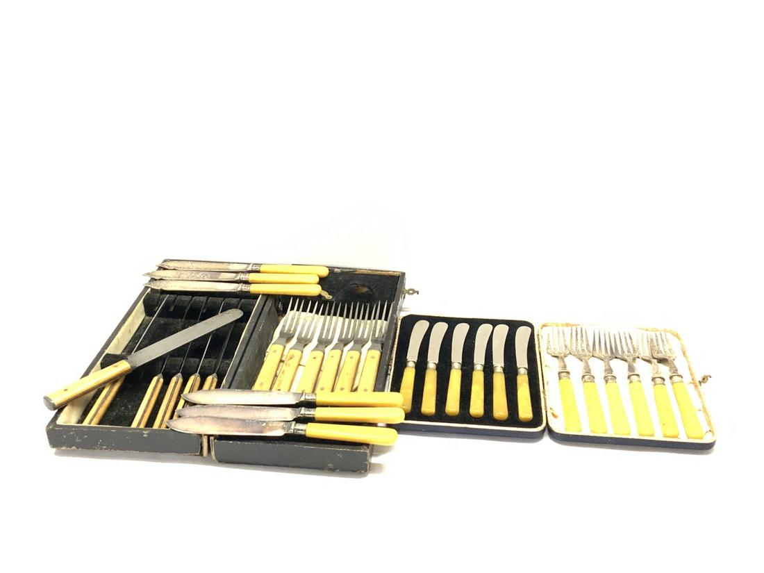 Compiled Antique Flatware, Knife Sets Etc.: A compiled grouping of antique flatware and knives. Mostly English late 19th century. 6 ct Butter knife 9” 6 ct Other knife 8” 6 ct 3 point fork 7” 6 ct Regular fork 7” 6 ct Sm