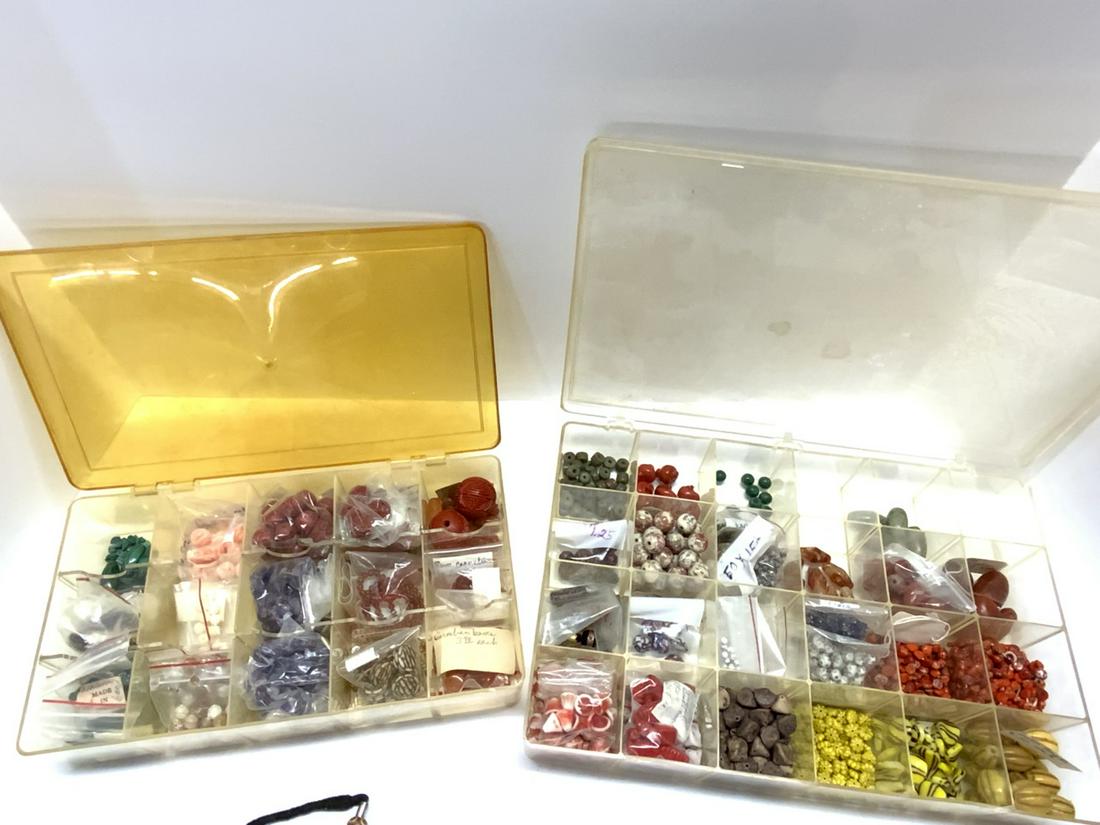 Estate Jewelry Bead Lot, African Melon Beads Etc.: Two caddies with contents including African and Murano Trade Beads, Malachite, Cinnabar, Carnelian, Coral, Melon Beads Etc. As seen in photograph preview.