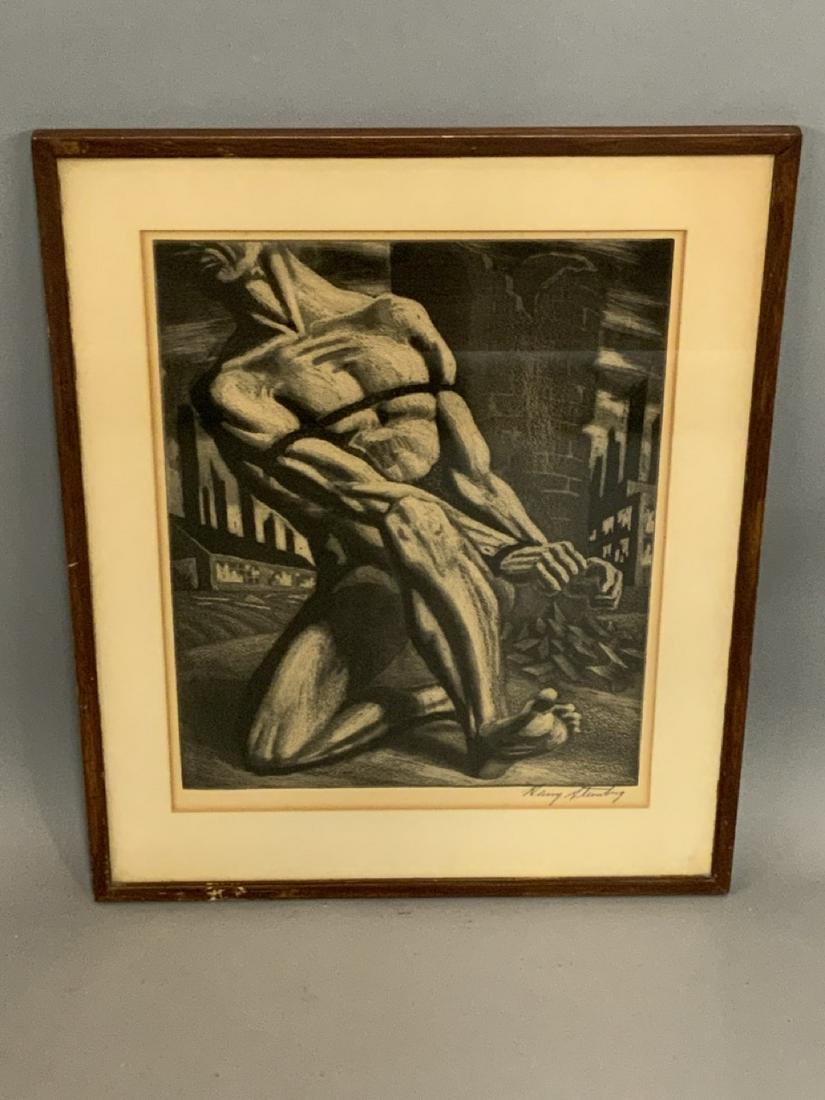 Harry Steinberg "Enough" Engraving 1947 Signed: Harry Steinberg "Enough" Male physique c.1947 Dimensions: 15 1/2" X 12" and 21" X 16 3/4" Framed