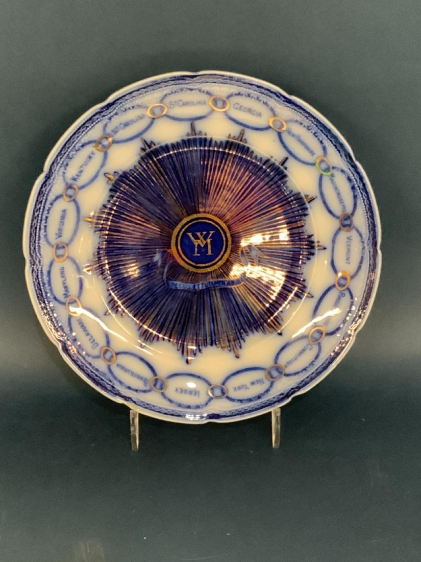 19th c. Martha Washington Plate: Rare Martha Washington blue and gold plate with 15 bordering states. Made in England for Daniel Low & Company Salem, Massachusetts. Dimensions: 9" diameter