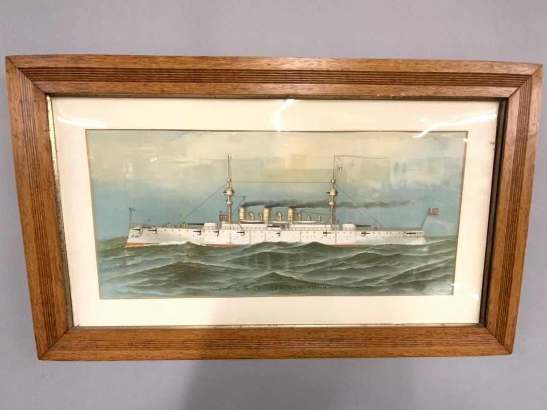 U.S. Cruiser New York Chromolithograph: U.S. Cruiser New York, Chromolithograph. Housed in a oak hardwood frame. Dimensions: 17 1/2” x 29 3/8”