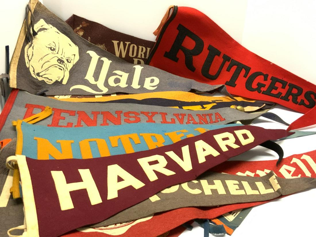 Vintage College Football Pennant Lot: A lot of vintage pennants. Colgate, Syracuse, New Rochelle, Yale, Princeton, Cornell, Navy, Columbia, Rutgers, Notre Dame, Harvard, Pennsylvania, Rutgers and miniature N.Y. World's Fair. Some holes no