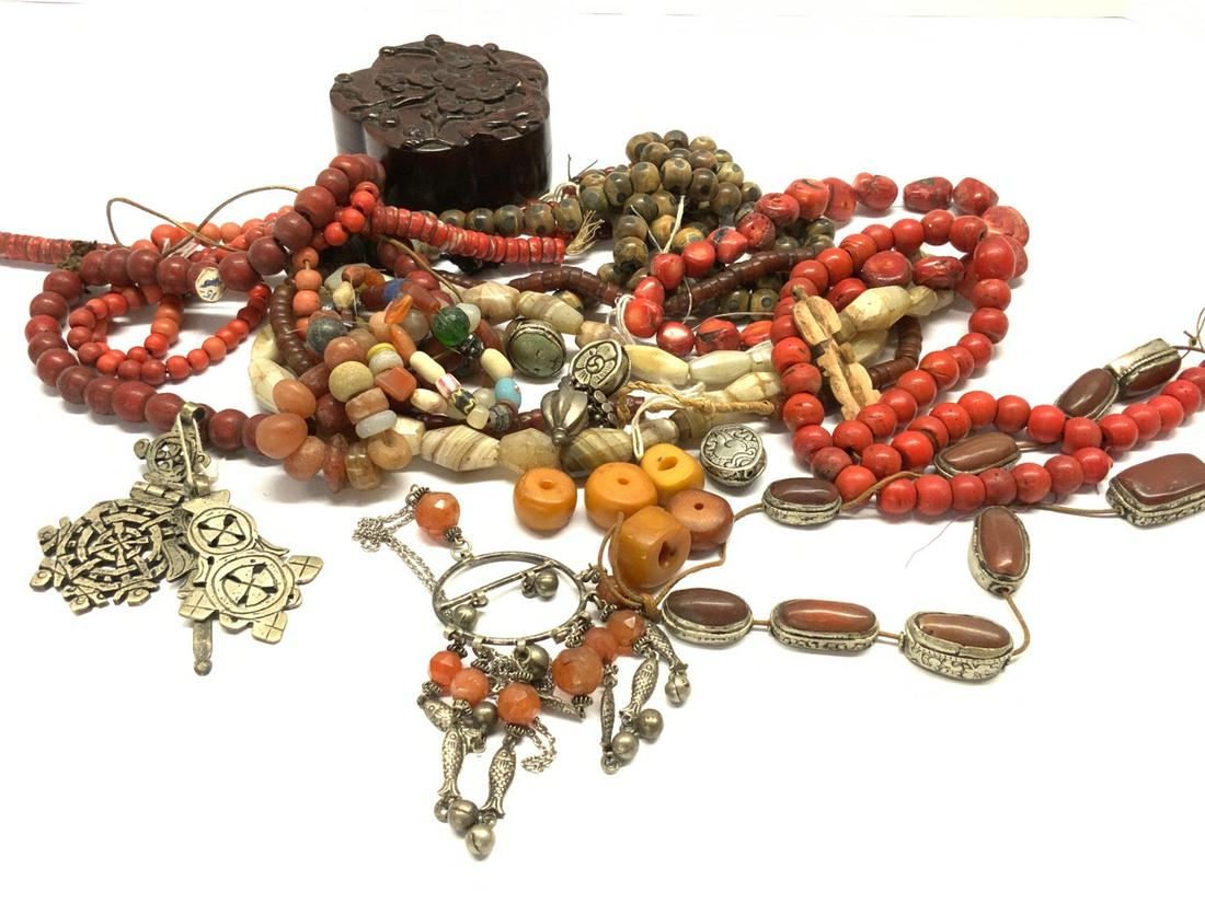 Estate Jewelry Lot, Amber, Carnelian Etc.: Estate jewelry lot. Mostly Afrcan tribal, Afghan and Indonesion. Carnelian, Amber Etc.