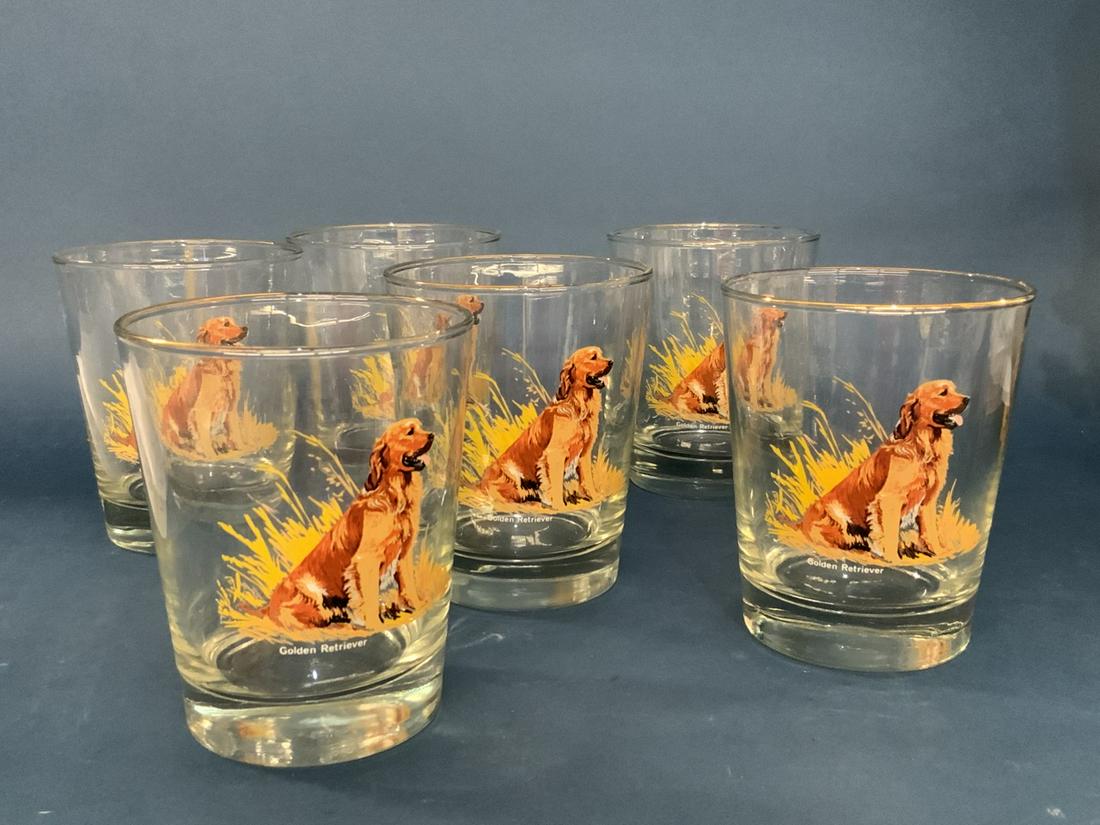 Vintage Libbey Glass Golden Retriever Dog Whiskey: A set of six vintage Libbey Glass Golden Retriever themed Whiskey Glasses. Dimensions: 4 1/2" X 3 1/2" Unused.
