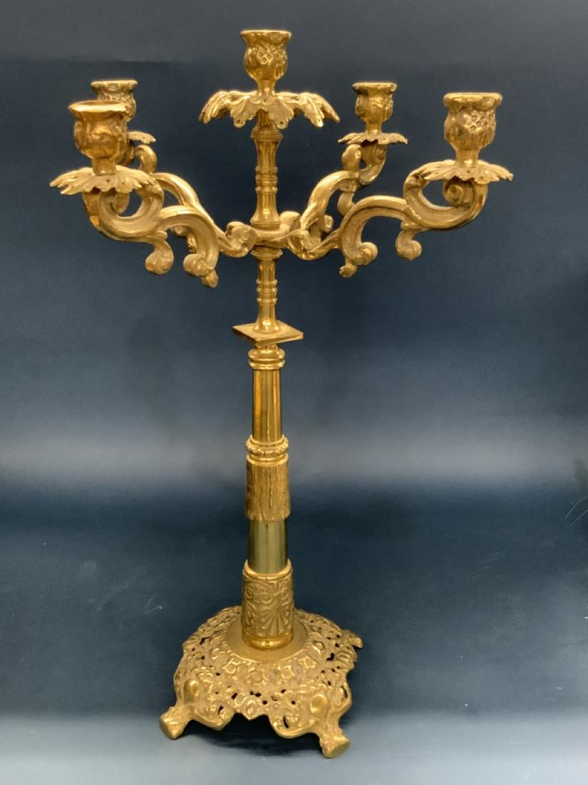 Vintage Fancy Five (5) Arm Tall Candelabra: Fancy five (5) arm candelabra. Solid brass. Dimensions: 22 1/2" X 11" Mid 20th century.