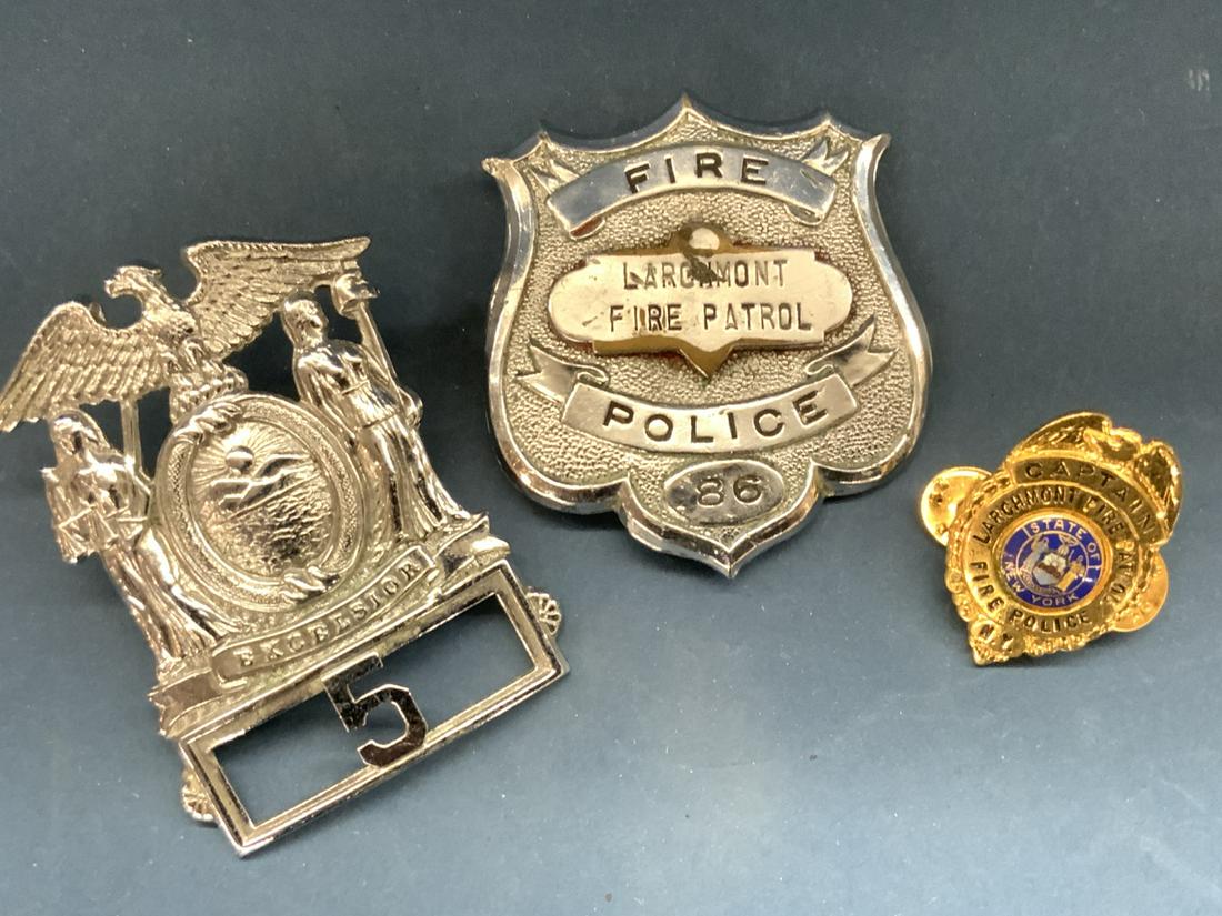 Larchmont, New York Fire Badges: Three (3) Fire Badges. Larchmont Fire Patrol Police #86, Larchmont Fire Police Captain and Excelsior #5.