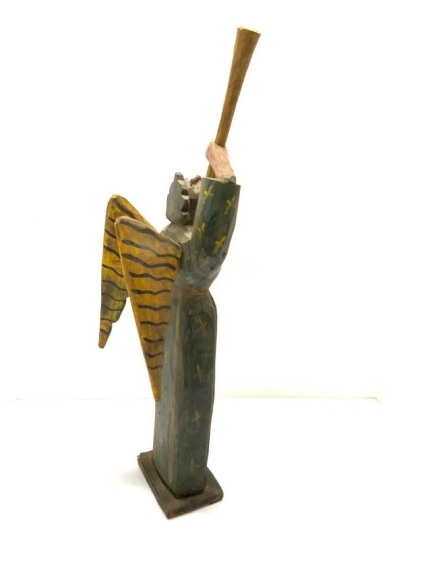 Vintage Americana Folk Art Angel w/ Horn: Vintage American folk art polychrom painted angel with horn. Dimensions: 21 1/2’ x 5’ x 5”