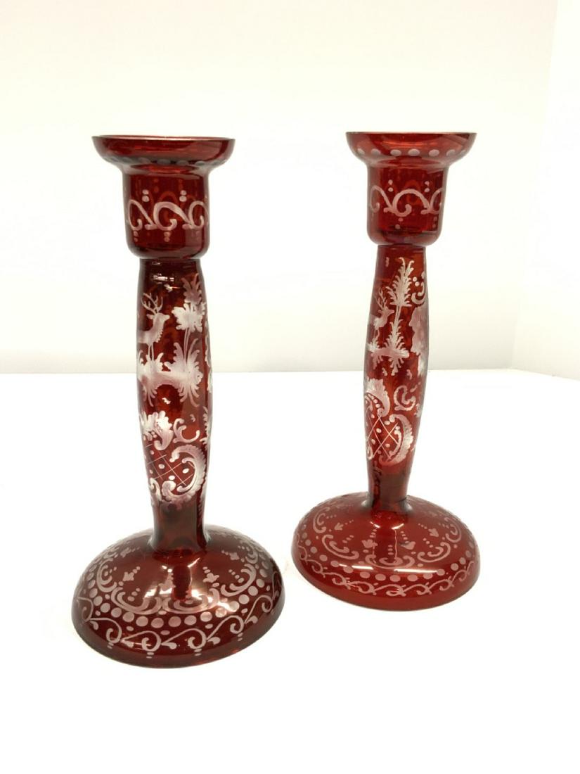 Bohemian Ruby Glass Cut To Clear Candlesticks (1 of 3)