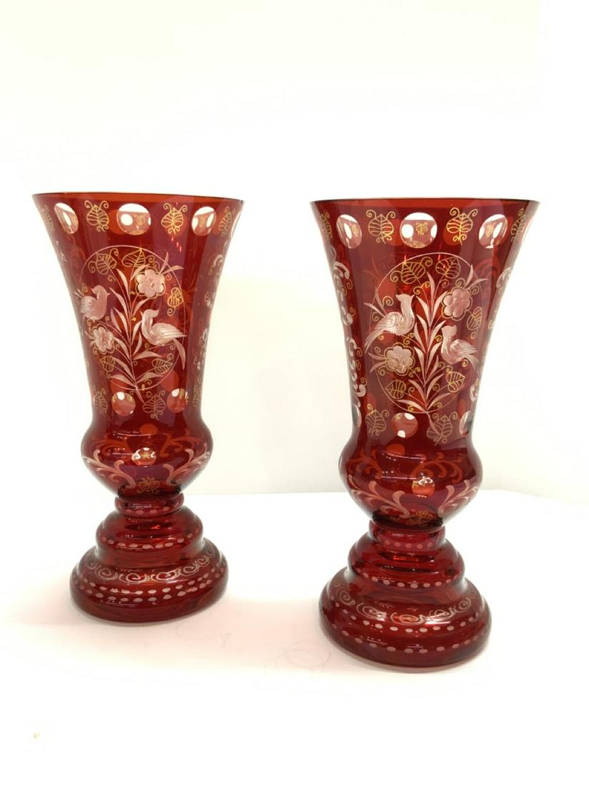A Pair, Bohemian Ruby Cut To Clear Vases (1 of 4)