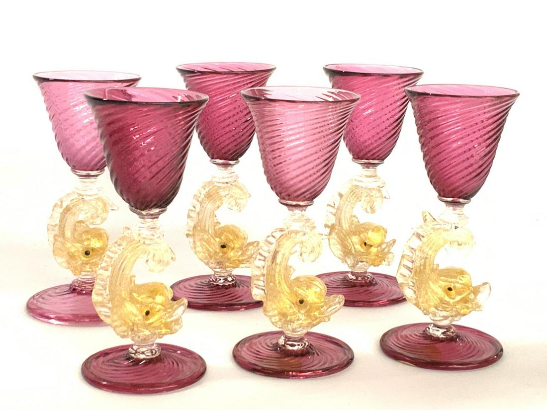 Set of Six (6) Salviati Murano Dolphin Dessert Wine Goblets: Set of six (6) Salviati Murano Dolphin Stem Dessert Wine Goblets. Dimensions: 5" x 2 1/4"