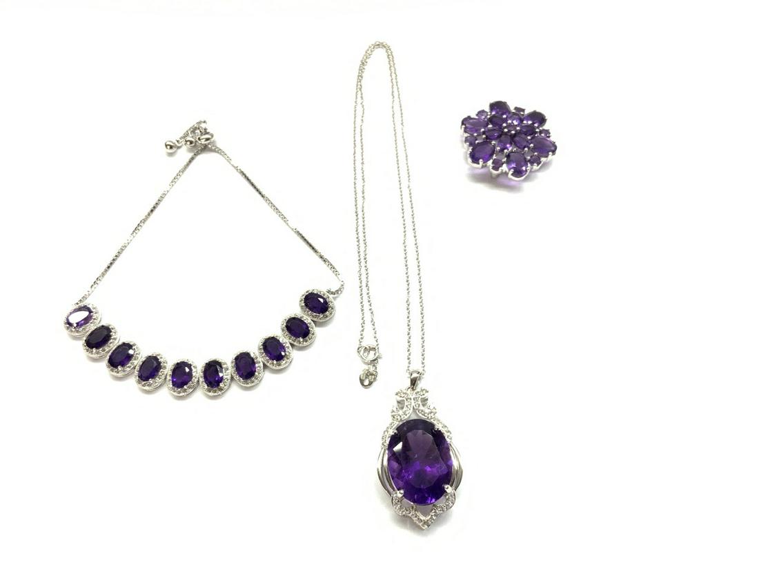 Sterling Silver Amethyst 3 Piece Necklace Bracelet and Pendant (1 of 6)