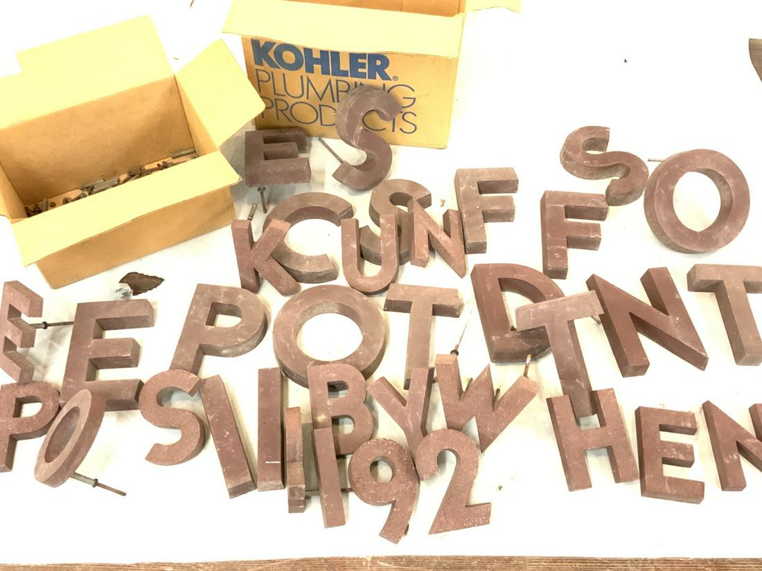 Vintage Aluminum Store Front Letters: An attic find. Old store front letters. Aluminum with a red granite color finish. As seen in photograph preview. Dimensions: 6" - 8" Size