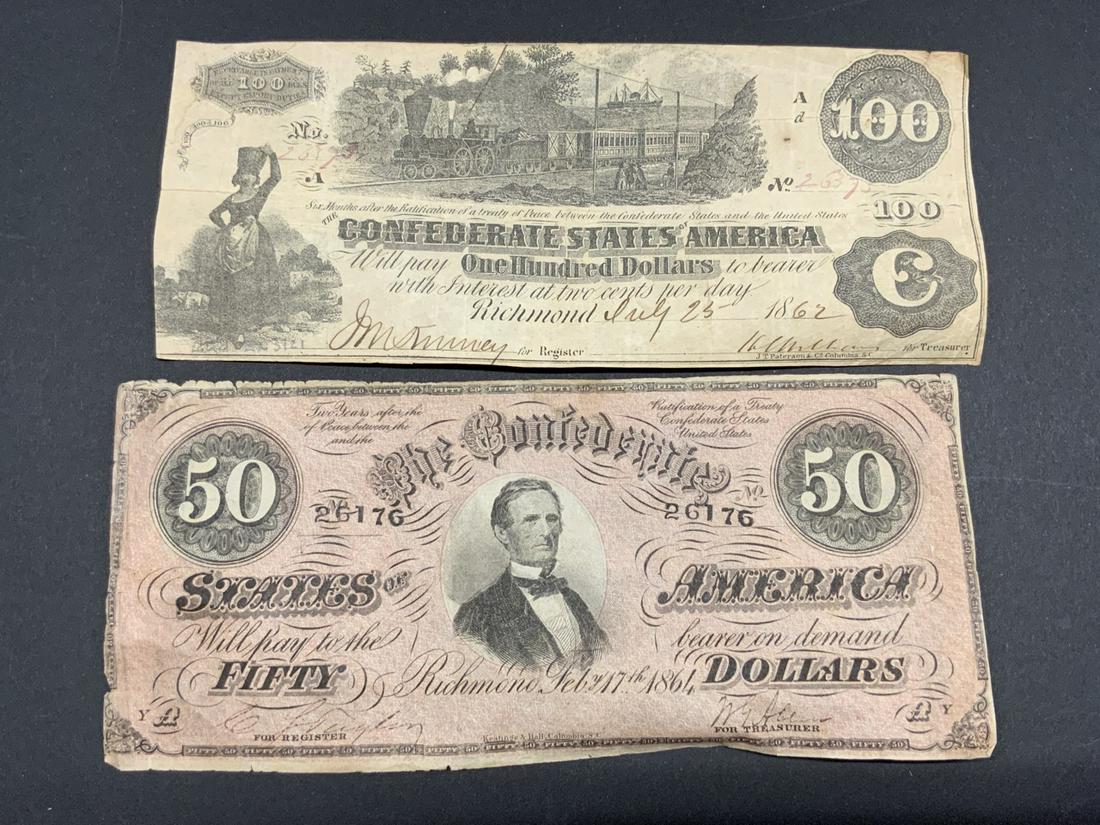 Two (2) $50, $100 Confederate Bank Notes: $50 and $100 Dollar Richmond, Virginia Confederate States Of America Bank Notes. Estate found, as seen in photograph preview.