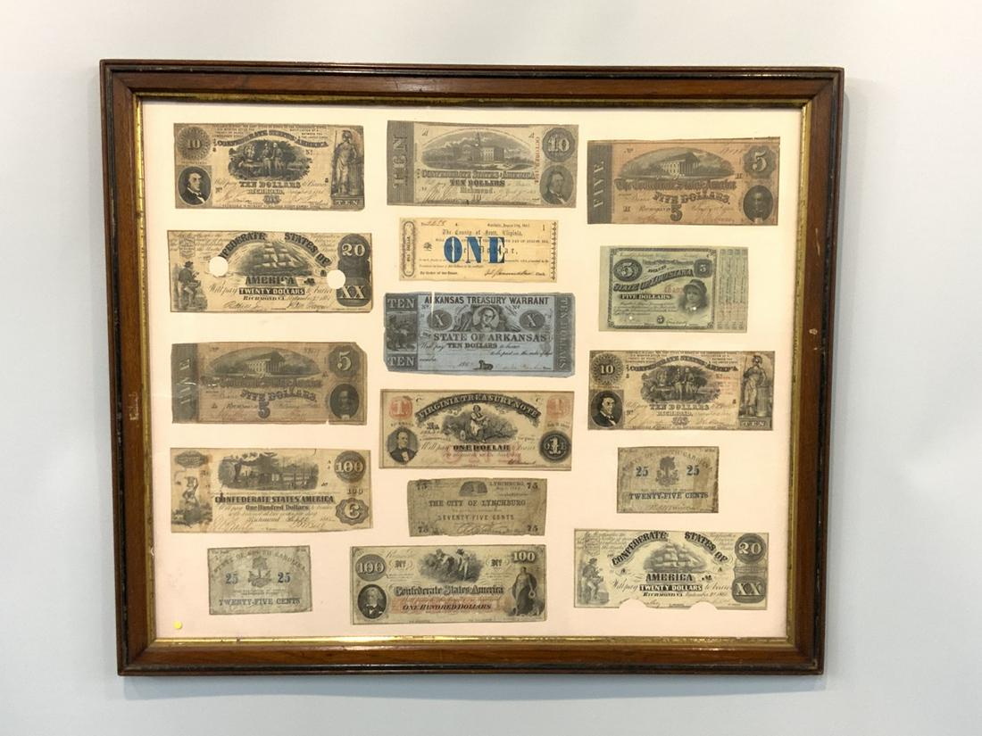 CSA, Estate Collection Of Confederate Bank Notes: Sixteen (16) Confederate Bank Notes. Arkansas Treasury Warrant Note. Not removed from frame for inspection. Original notes. Please see photograph preview.