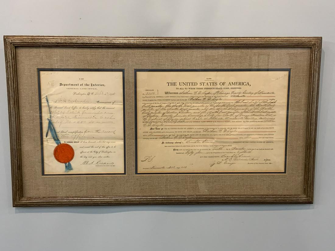 1855 Minnesota Land Document: 1855 Land document. Dimensions: 17” x 30” Issued to Nathan C.D. Taylor Of Minnesota