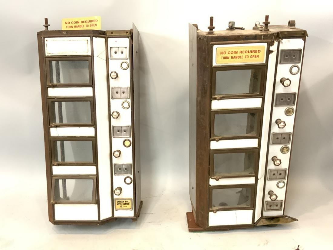 Vintage Auto Mat Food Vending Machines: Vintage Auto Mat Food Vending Machines. Iron with porcelain enamel. Dimensions: each one 32"H x 16"W x 10" D.