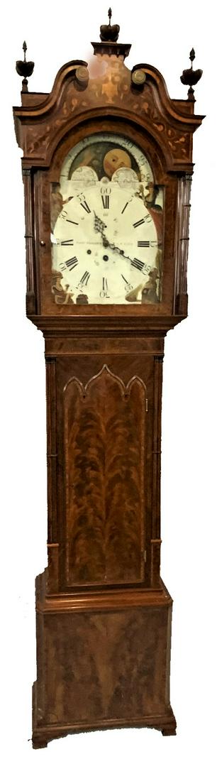 Period 18th c. George III Grandfather Clock, S. Collier, Eccles: S. Collier, Eccles"" (Lancashire, 1750-1806) English mahogany tall case grandfather clock. George III Period Signed on clock face. Two weights and pendulum present. Overally good. Ornate fine turned w