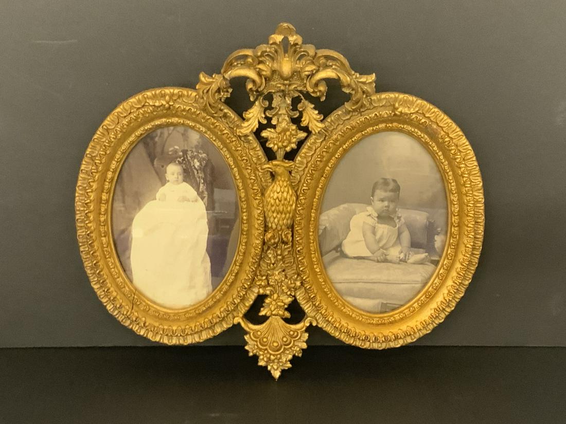 Victorian Gold Gilded Double Pitcher Frame: Victorian gold gilded double pitcher frame with partridge. Wall mount. Dimensions: 10 1/2" X 12" and 5 1/4" X 3 1/2" Some weakness and separation at top, overall very good.