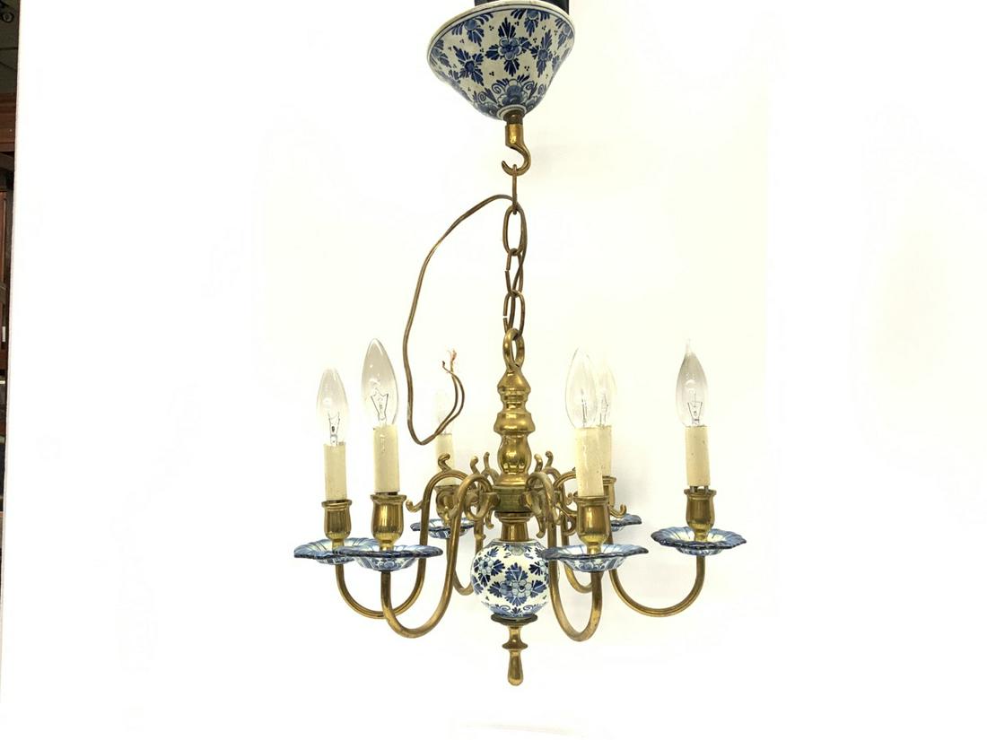 Delft Blue & White Porcelain & Brass Chandelier: Antique Delft Holland Chandelier.Blue and white delft porcelain with brass.